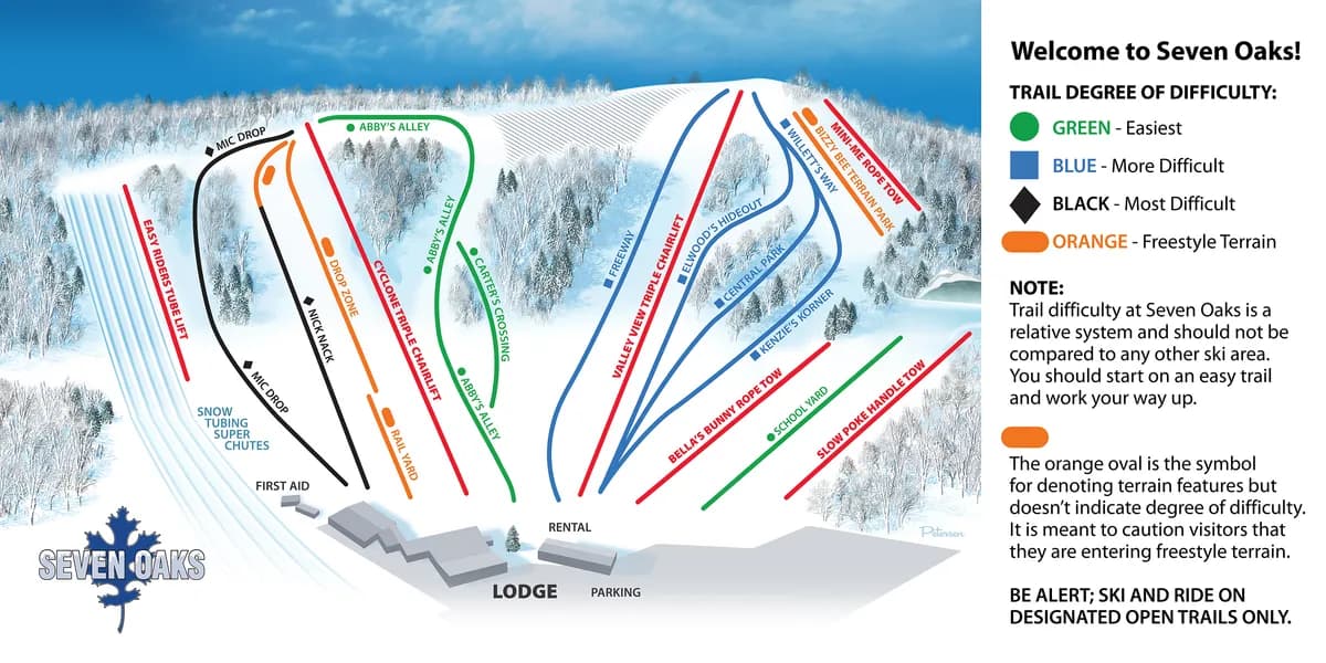 Seven Oaks Snow Ski Area trail map 2026–27