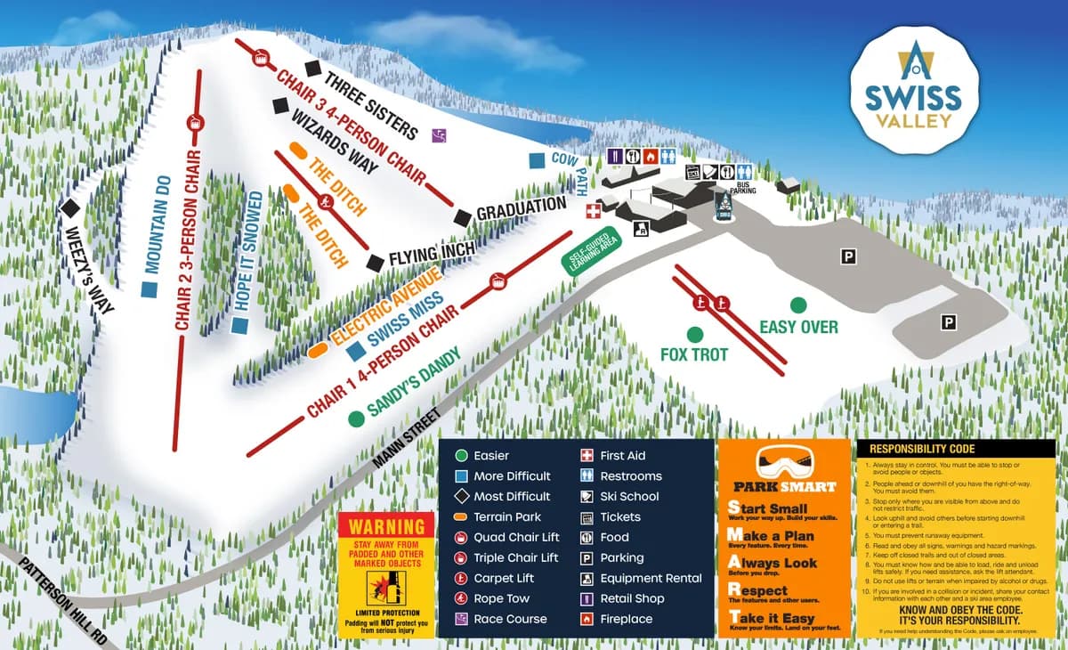 Swiss Valley Ski and Snowboard Area trail map 2026–27