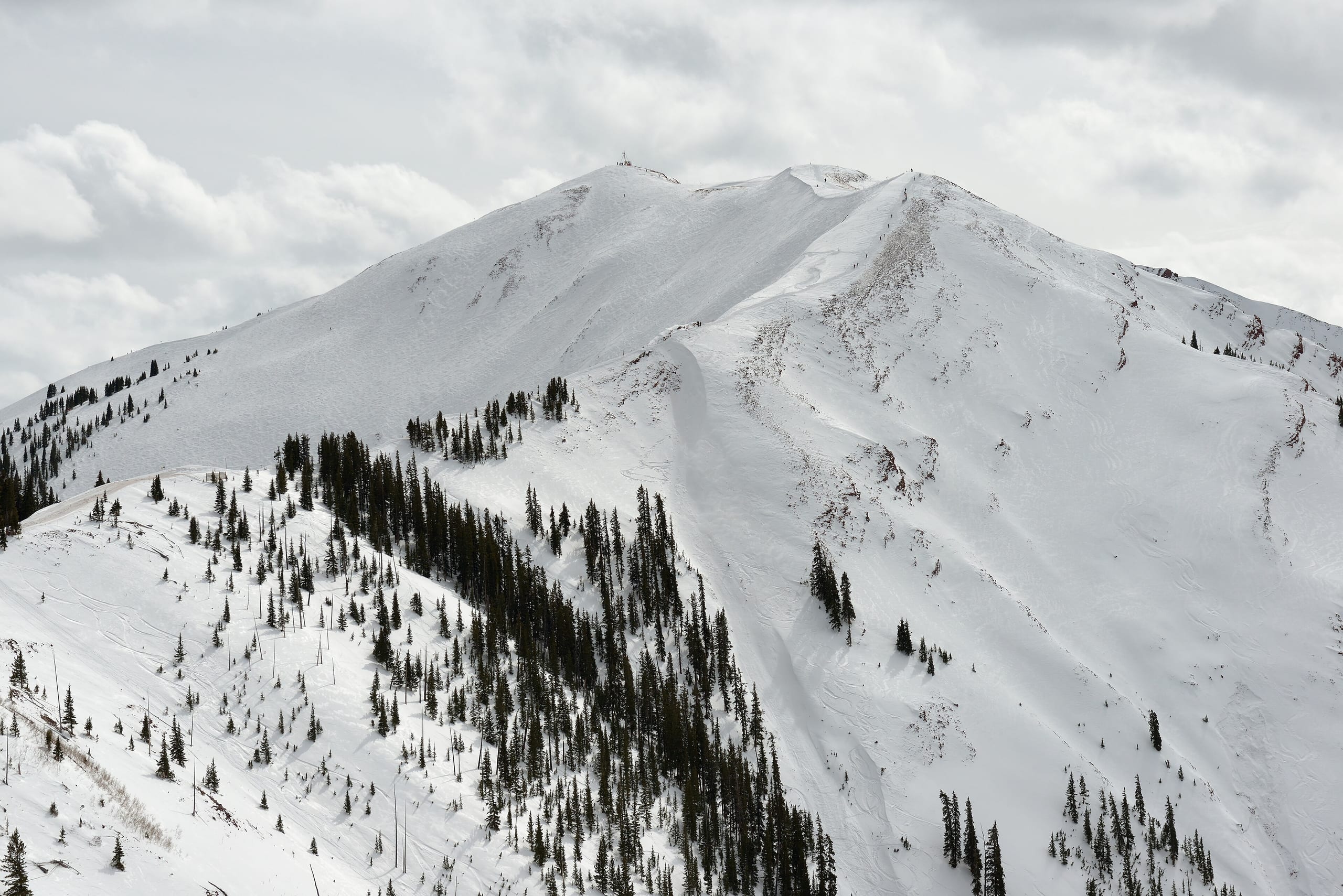 Snow-covered Highland Bowl ridge with scattered conifers, seen from Loge Peak at Aspen Highlands