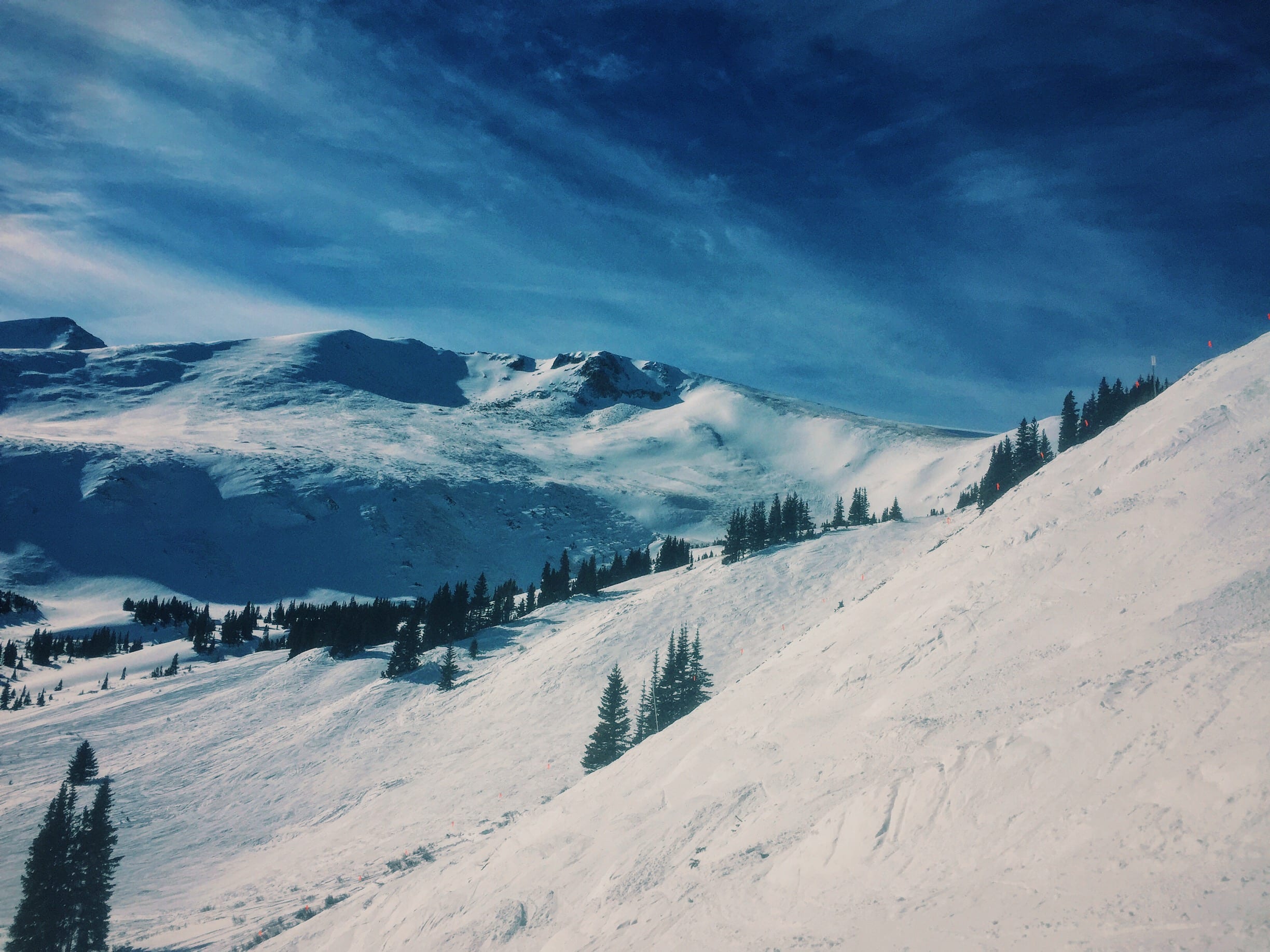 Snow-covered alpine bowl and treeline ridge under a deep blue sky above timberline
