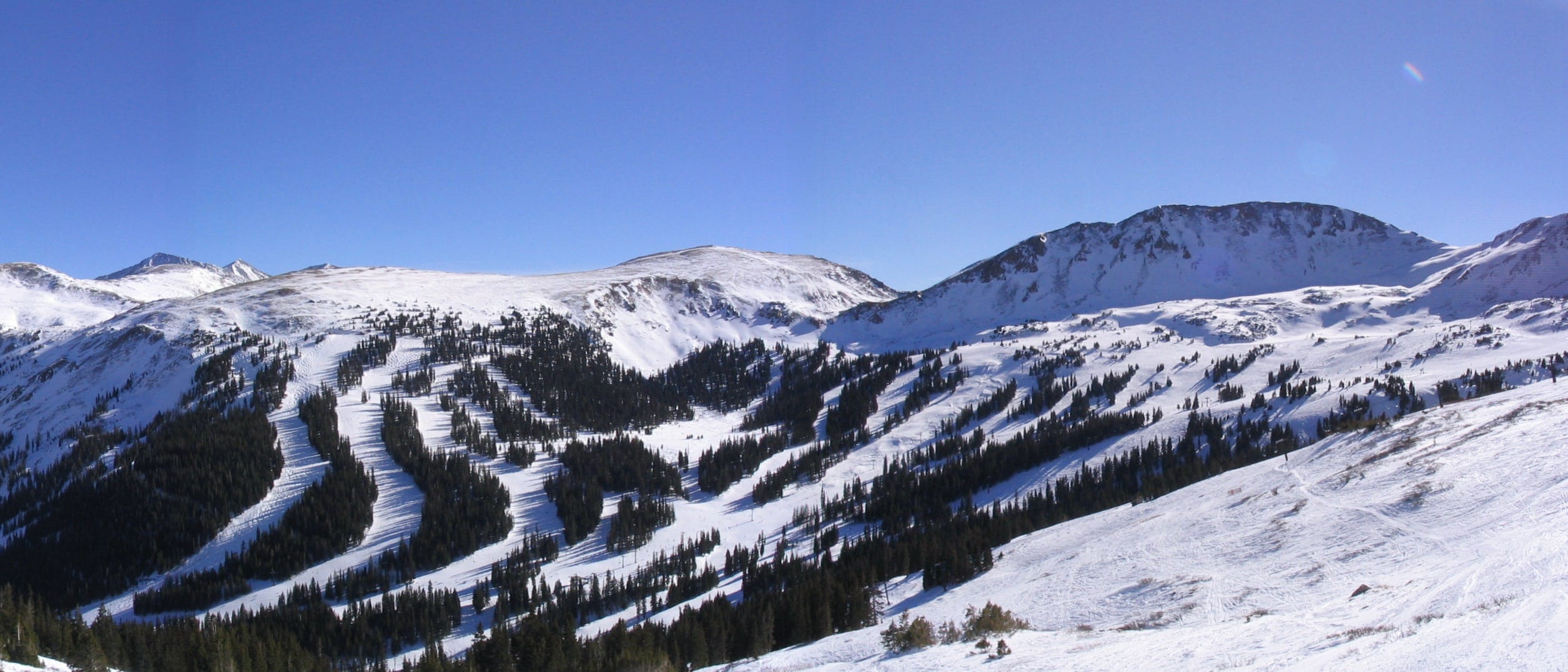 Snow-covered ski runs winding between evergreens at Loveland Ski Area under a clear blue sky.