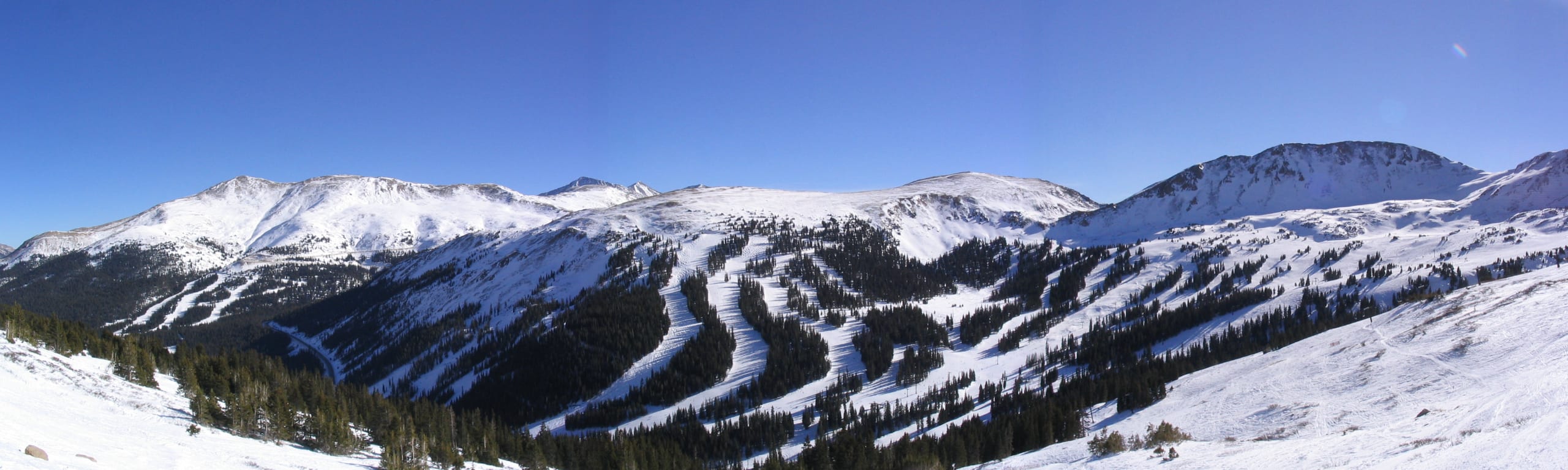 Snow-covered ski runs cut through evergreen forest on Loveland Ski Area's slopes under a clear blue sky.