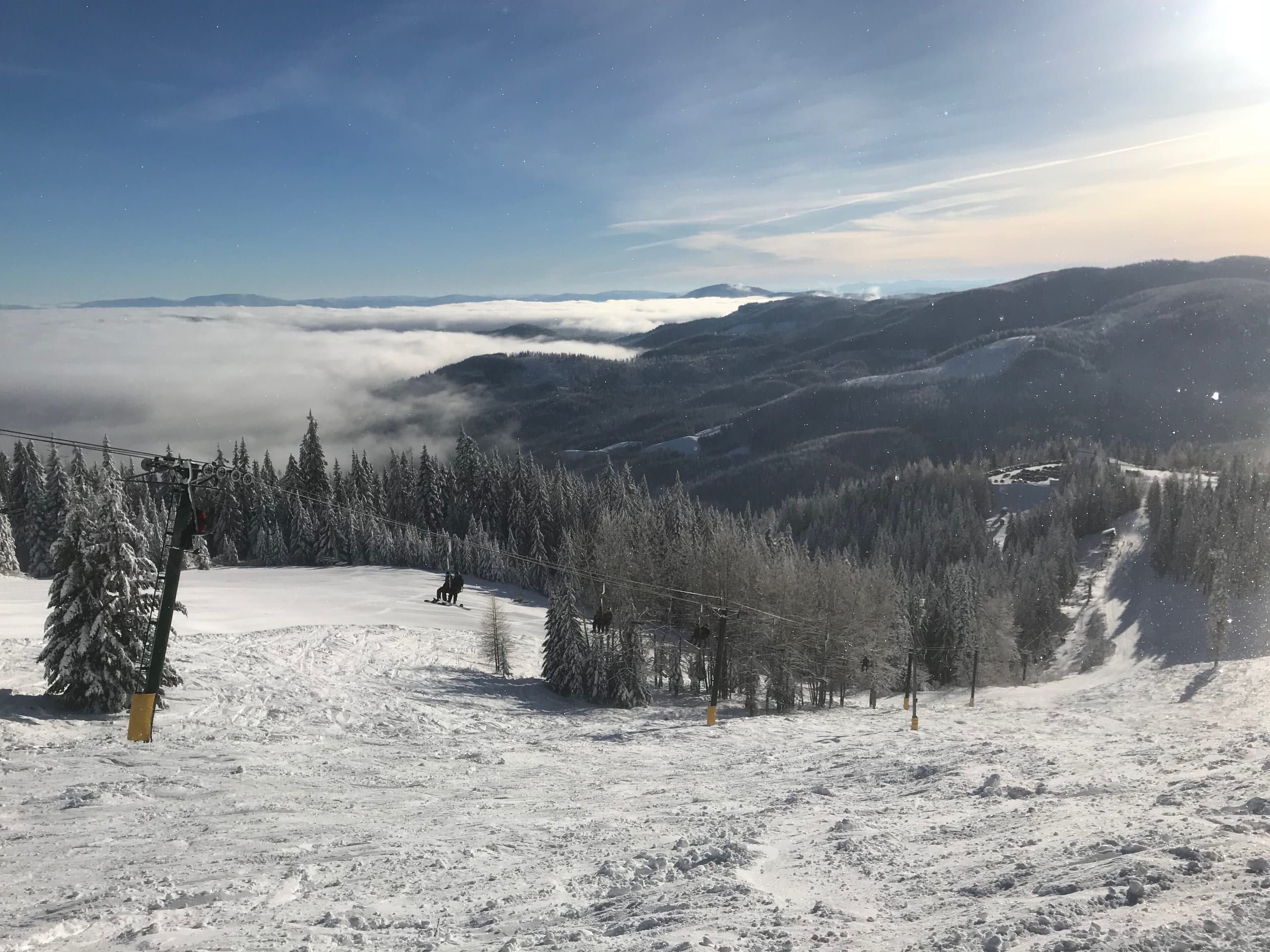 Snow-covered ski run and lift line above a valley filled with cloud inversion, forested ridges beyond