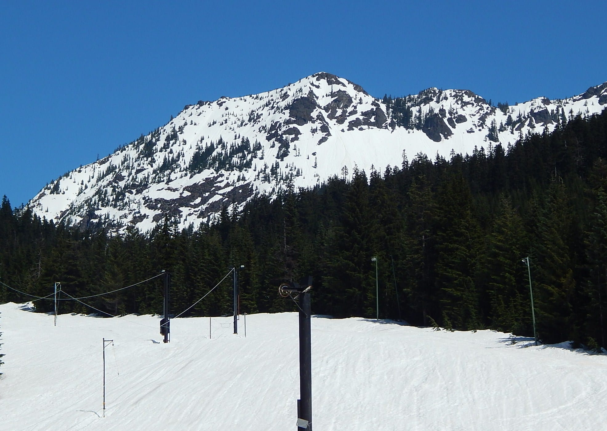 Snow-covered Kendall Peak above evergreens, with a snowy slope and lift poles in the foreground