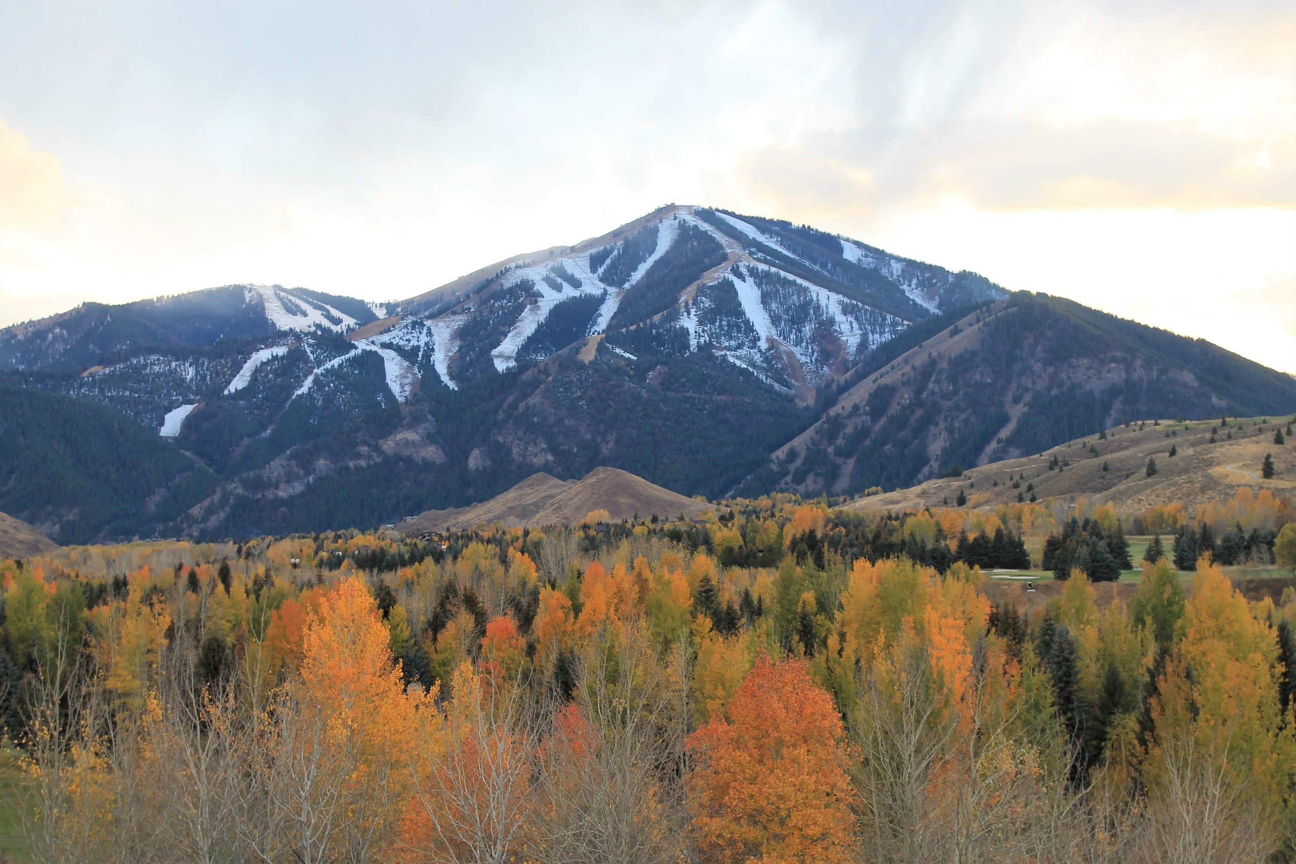 Bald Mountain with early-season snow on its ski runs, seen above autumn trees near Sun Valley, Idaho