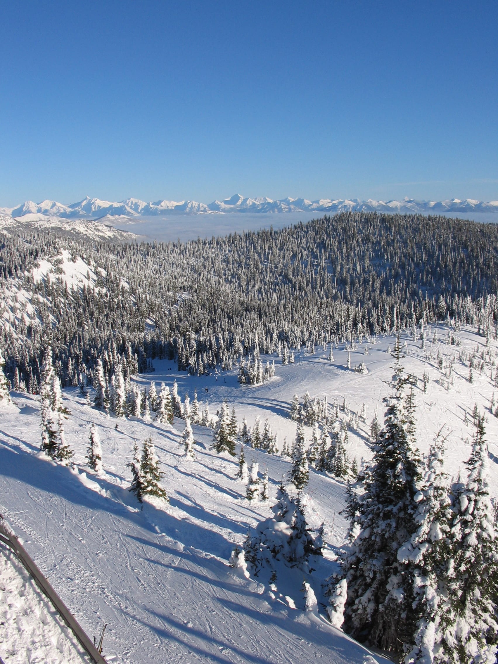 Groomed run and snow-covered conifers below a forested ridge, with a distant snowy range on the horizon.