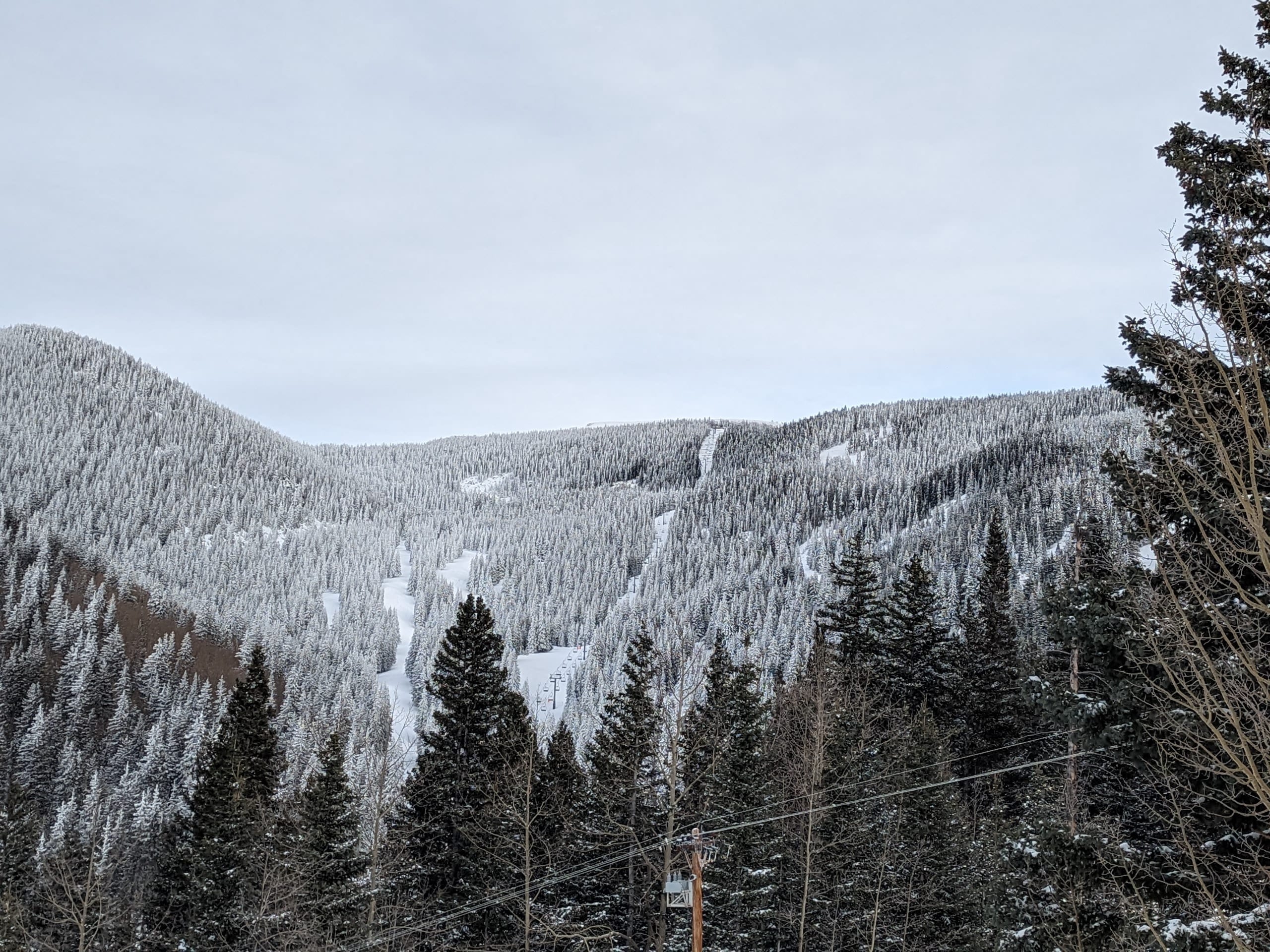 Snow-covered forested ridge with cut ski trails and a chairlift line, seen across a valley of conifers.